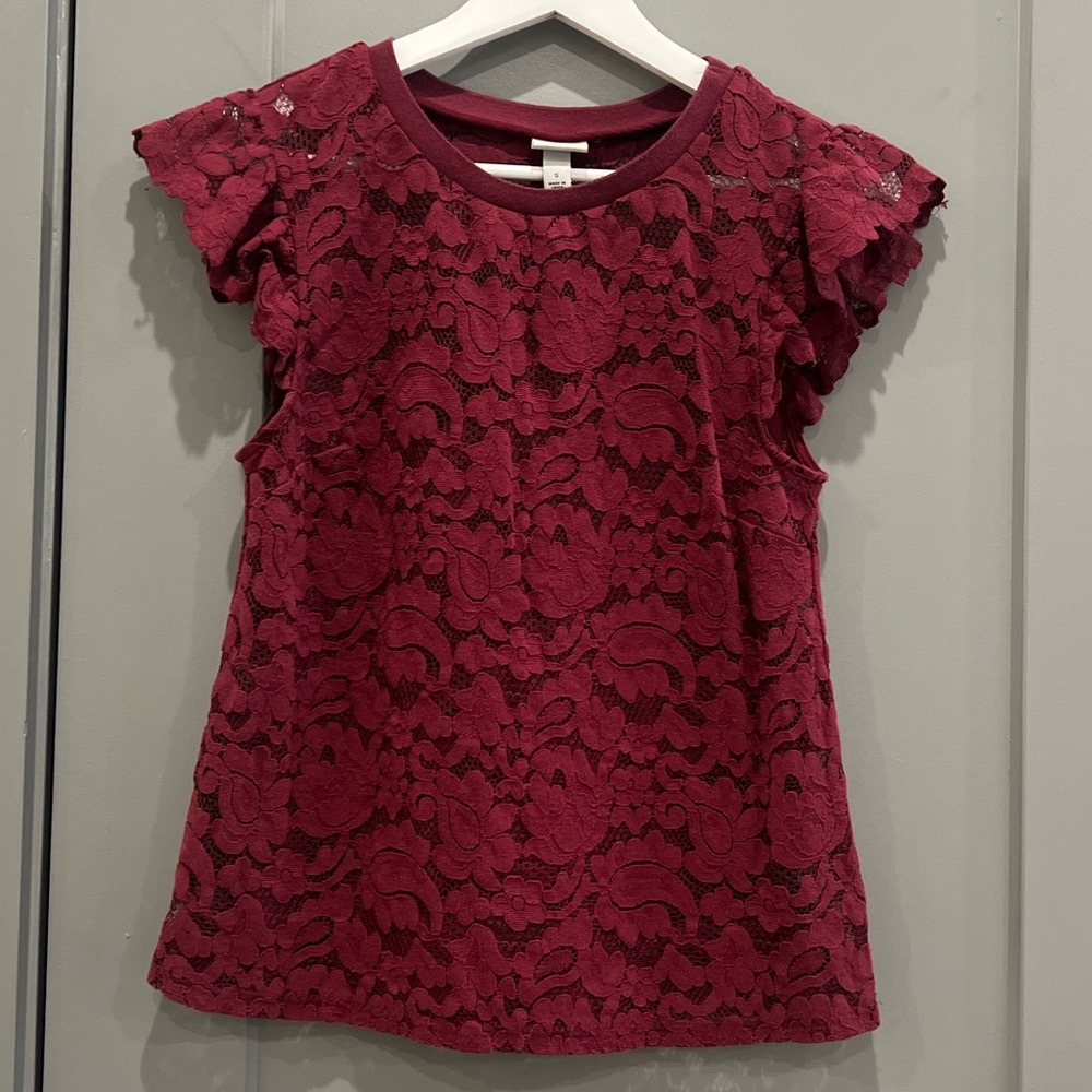 🌟 3/$25 A New Day Maroon Lace Butterfly Sleeve Blouse - S